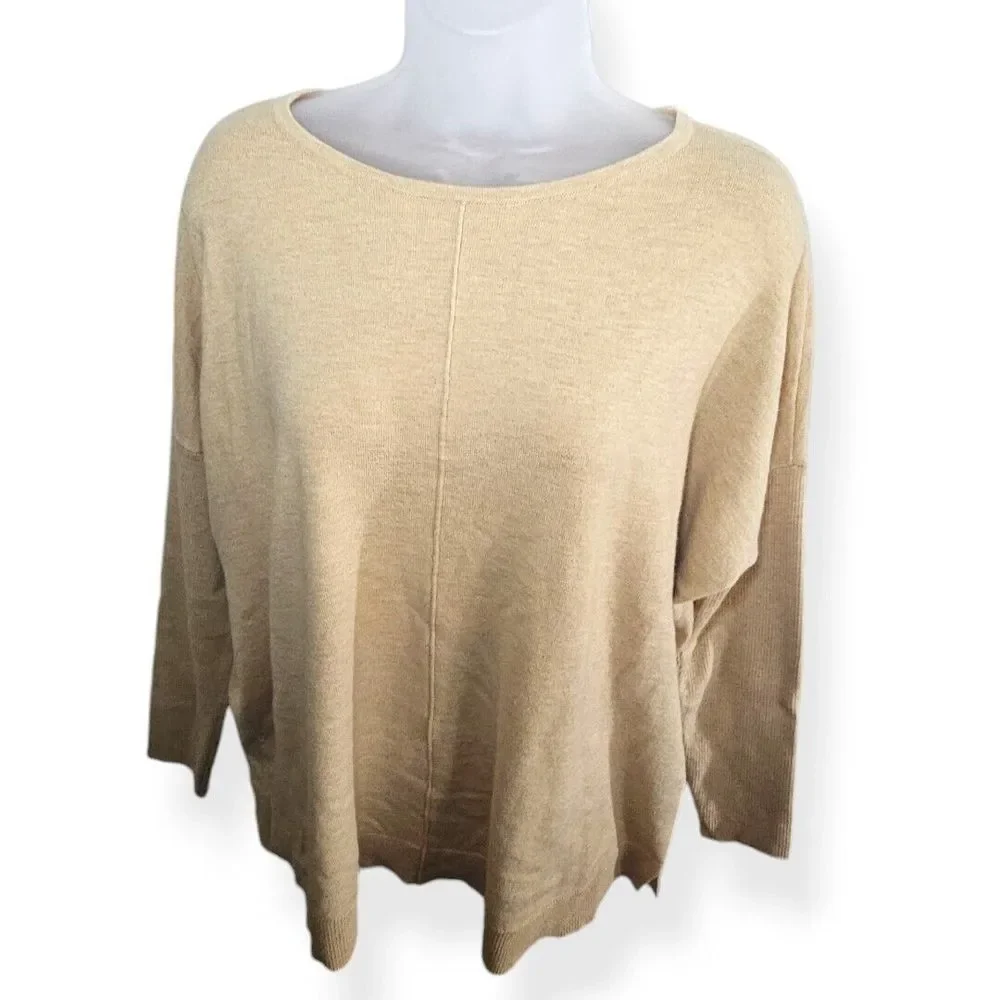 Chicos Center Seam Cashmere Blend Ribbed Sleeve Khaki Biege Sweater Womens Sz 1‎